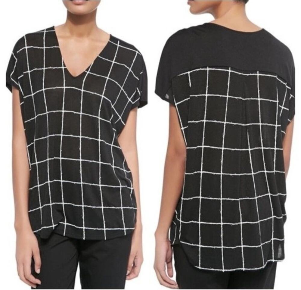 Vince Windowpane Plaid Casual Fit Knit Dolman Sleeve Top size M Black White